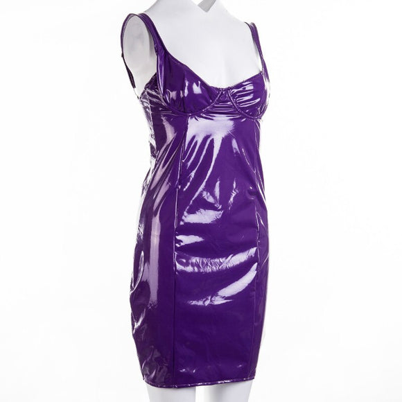 Women Imitation Leather Bodycon Sleeveless Strap Mini Dress