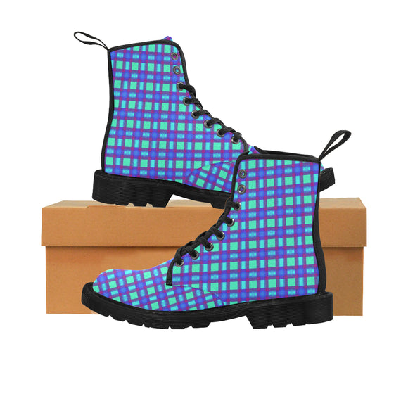 Bluish Plaid Martin Boots for Women (Black) (Model 1203H)