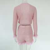 Cute Ruffled Mesh Trim Pink Shorts Set Two Piece Women Boho Knitted Crop Top High Waist