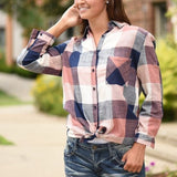 Women Color Patchwork Long Sleeve Button Loose Plaid Shirt Top