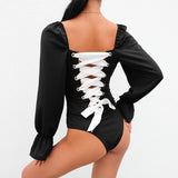 Women Rapwriter Backless Panelled Lace Up Square Collar Lolita Style Long Flare Sleeve Open Crotch Bodysuit