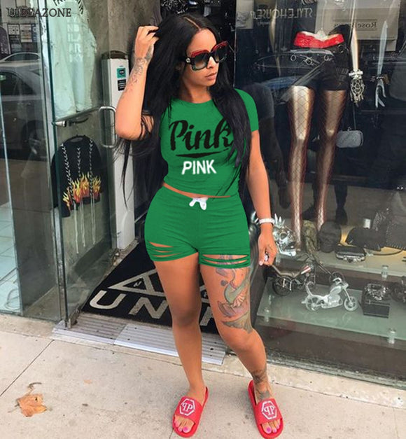 Women Pink Letter Print Two Piece Set Tracksuit Top Hollow Out Shorts