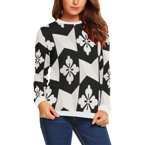 Black White Tiles All Over Print Crewneck Sweatshirt for Women (Model H18)