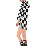 Black White Checkers Step Hem Tunic Hoodie for Women (Model H25)