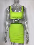 Women's Neon Colors  Lace Up Sleeveless Short Top Mini Skirt Two-Piece Set