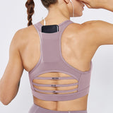 Women Back Pocket Absorb Sweat Sports Bra Seamless Backless Mesh Padded Vest Top