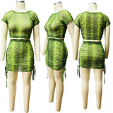 Print Snake Skin Beach Cover Ups Women Mesh See Through Tops+A line Skirts