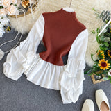 Women's Knit Patchwork Fake Two-Piece Slim Fit Lantern Sleeved Shirt Tide Turtleneck Sweater Top