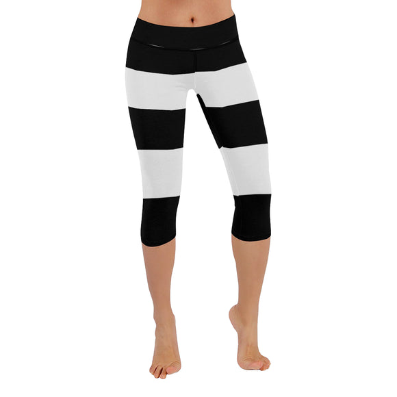 Black White Stripes New Low Rise Capri Leggings (Flatlock Stitch) (Model L09)