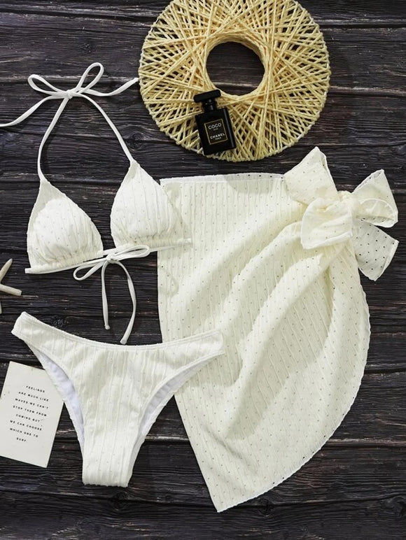 Women Mesh Pure White Swimsuit 3 Piece Set Suspender Swimwear