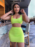 Women's Neon Colors  Lace Up Sleeveless Short Top Mini Skirt Two-Piece Set