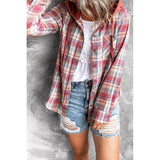 Women Hooded Plaid Turn Down Collar Long Sleeve Buttons Top Coat