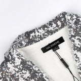 Women Silver Sequined Turn-down Collar Long Sleeve Cardigan Jacket