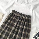 Women Vintage Wool Pleated Plaid High Waist Long Streetwear Skirt