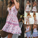 Women Boho Chiffon Deep V-neck Sleeveless Mini Dress