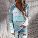 Women Hollow Long Sleeve Hoodie Tops V Neck Patchwork Knitted Pullover Jumper Sweater