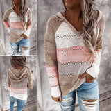 Women Hollow Long Sleeve Hoodie Tops V Neck Patchwork Knitted Pullover Jumper Sweater