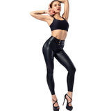 Women Faux Leather Button High Waist Thin Thick Push Up Leggings