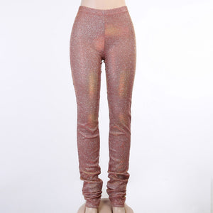 Women Glitter Shiny High Waist Reflective Wide Leg Zipper Long Pants