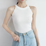 Women Crop Off Shoulder Stretchy Knitted Sleeveless Halter Tank Top