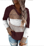 Women Hollow Long Sleeve Hoodie Tops V Neck Patchwork Knitted Pullover Jumper Sweater