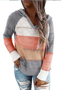 Women Hollow Long Sleeve Hoodie Tops V Neck Patchwork Knitted Pullover Jumper Sweater