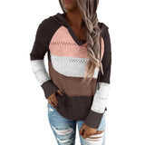 Women Hollow Long Sleeve Hoodie Tops V Neck Patchwork Knitted Pullover Jumper Sweater