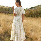 Women Floral Print Elegant Boho Long Ruffle Short-Sleeve V-Neck Dress