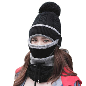 3PCS Women Scarf Hat Outdoor Thickened Knitted Winter Set