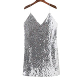 Women Deep V Neck Autumn Silver Sequined Backless Glamorous Off Shoulder Mini Dress Strap Dress