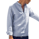Men Helisopus Shirt Cotton Long Sleeve Striped Slim Fit Stand Collar