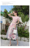 Women Irregular Mesh Skirts Bowknot Solid Top Floral Two-Piece Set