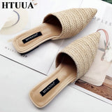 Women Slippers Pointed Toe Weave Mules Flat Slides Slip On Shoes