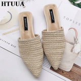 Women Slippers Pointed Toe Weave Mules Flat Slides Slip On Shoes