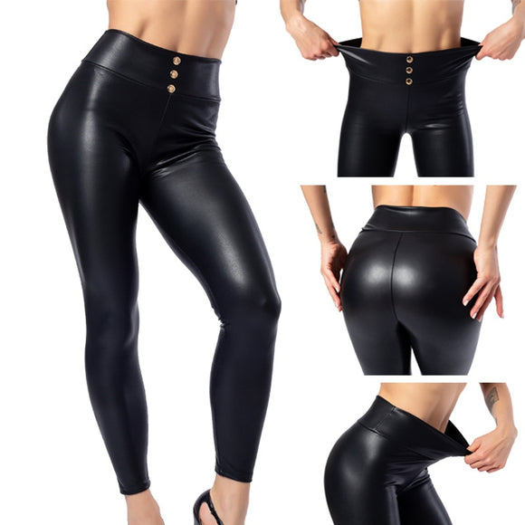Women Faux Leather Button High Waist Thin Thick Push Up Leggings
