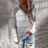 Women Hollow Long Sleeve Hoodie Tops V Neck Patchwork Knitted Pullover Jumper Sweater