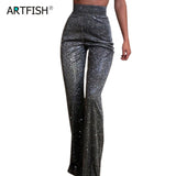 Women Glitter Shiny High Waist Reflective Wide Leg Zipper Long Pants
