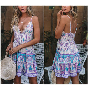 Women Boho Chiffon Deep V-neck Sleeveless Mini Dress