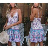 Women Boho Chiffon Deep V-neck Sleeveless Mini Dress