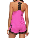 Women Sleepwear Pajama Set Sleeveless Strap Lace Trim Satin Cami Top Nightwear Femme Homewear