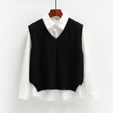 Women Solid Short Loose Korean Style Sleeveless Knitted V-Neck Vest