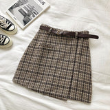 Korean Irregular Sweet High Waist A-line Mini Vintage Plaid Skirt Chic Sashes