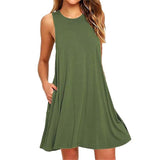 Women Simple Solid Color O-Neck Sleeveless Pockets Mini Beach Dresses