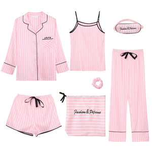 JULY'S SONG Pink Women's 7 Pieces Pajamas Faux Silk Striped Sleepwear Set