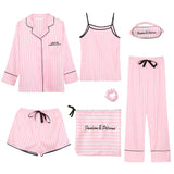 JULY'S SONG Pink Women's 7 Pieces Pajamas Faux Silk Striped Sleepwear Set