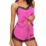 Women Sleepwear Pajama Set Sleeveless Strap Lace Trim Satin Cami Top Nightwear Femme Homewear