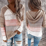 Women Hollow Long Sleeve Hoodie Tops V Neck Patchwork Knitted Pullover Jumper Sweater