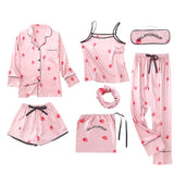 JULY'S SONG Pink Women's 7 Pieces Pajamas Faux Silk Striped Sleepwear Set