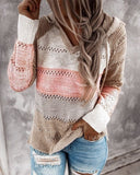 Women Hollow Long Sleeve Hoodie Tops V Neck Patchwork Knitted Pullover Jumper Sweater