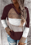 Women Hollow Long Sleeve Hoodie Tops V Neck Patchwork Knitted Pullover Jumper Sweater